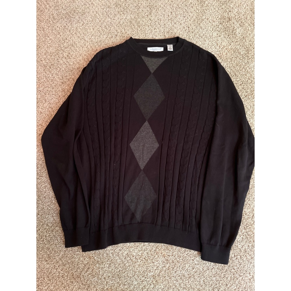 Alex Cannon Mens Crewneck Sweater L Black Argyle Cable Knit Pullover Long Sleeve